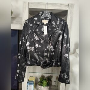 Michael Michael Kors Metallic Rose Print Leather Moto Jacket 100% Lamb Leather